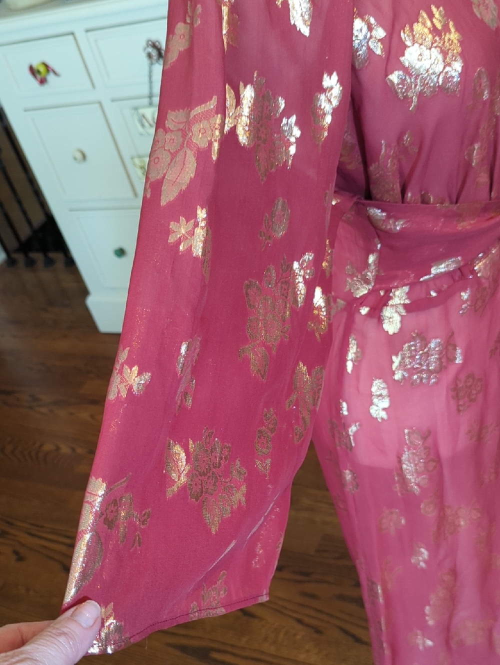 Opaline Designer Sheer Silk Dusty Rose Metallic Floral Tie-Waist Midi Dress - Picture 4 of 11